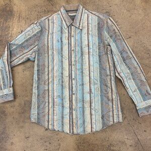 Johnston & Murphy Light Blue and Brown Striped Button-Down Shirt
